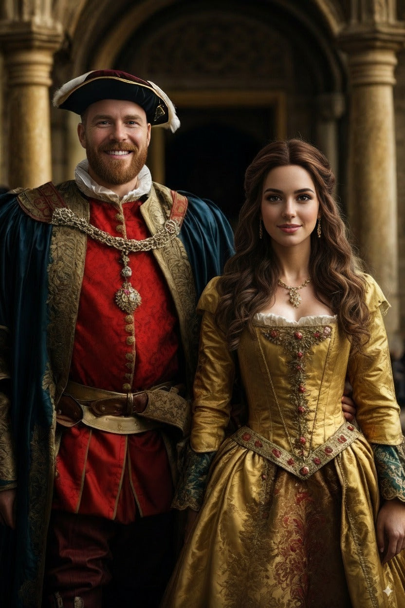 Custom portrait of elegant couple in historical attire, personalized gift theme