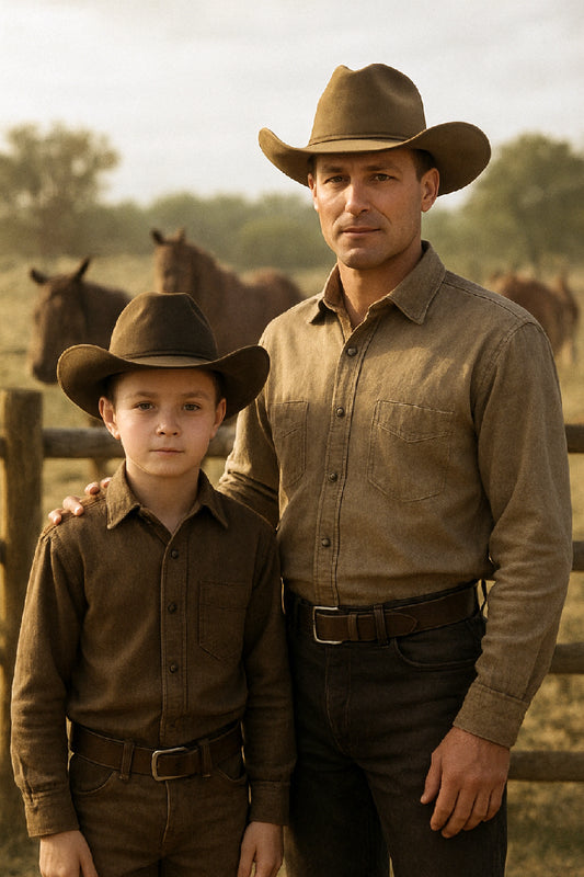 Custom portrait of man and boy in Western theme, rustic setting
