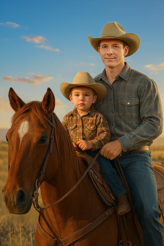 Custom portrait of father and son cowboys with horse, vertical orientation