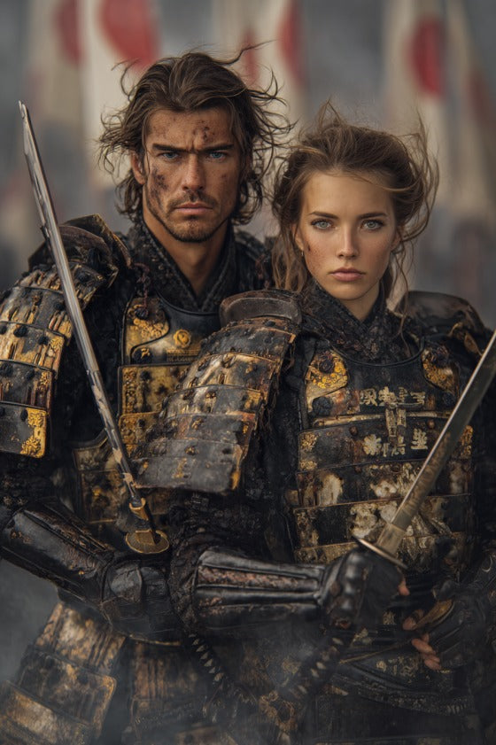 Samurai couple portrait, custom portrait from photo, vertical style, personalized gift