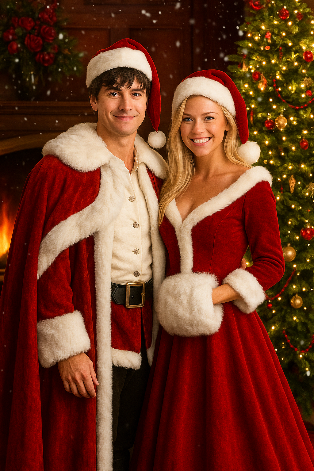 Christmas couple dressed in festive outfits, perfect personalized portrait from photo in a custom digital style.