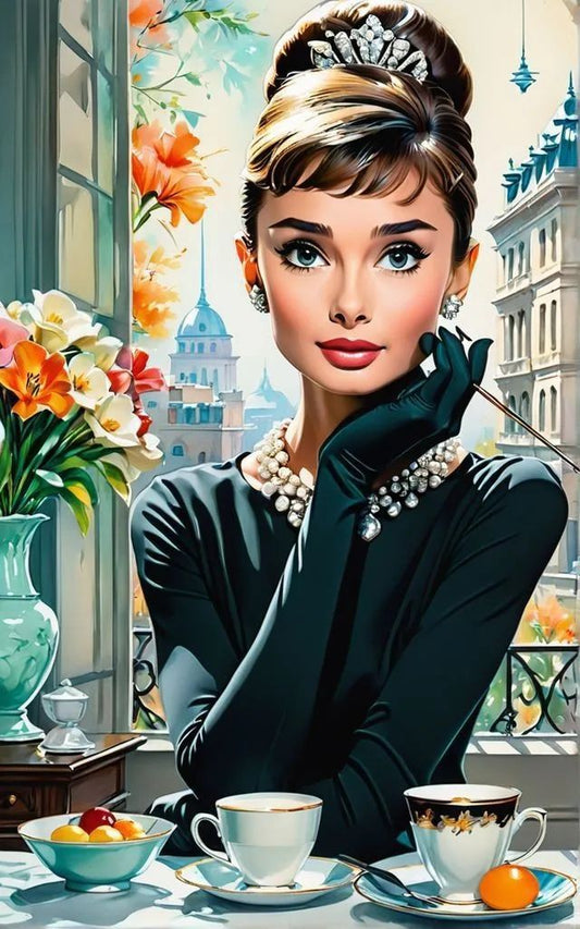 Audrey Hepburn-inspired portrait concept, custom portrait from photo, elegant style, vertical orientation