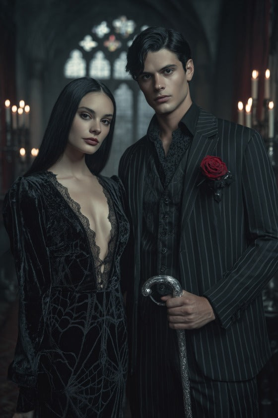 Dark romance Morticia & Gomez inspired couple portrait, custom portrait from photo in gothic style