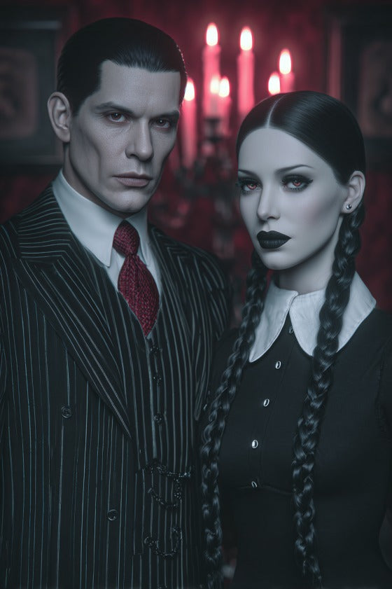 Cursed Companions Wednesday-inspired couple custom portrait from photo in a vertical fantasy style