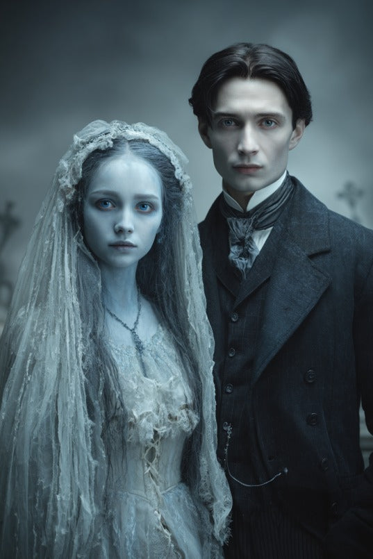 Corpse Bride & Victor theme custom portrait from photo, personalized couple portrait, vertical illustration