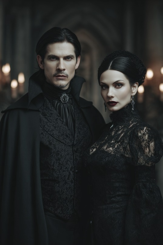 Majestic vampire king and queen in dark attire custom portrait from photo, vertical style