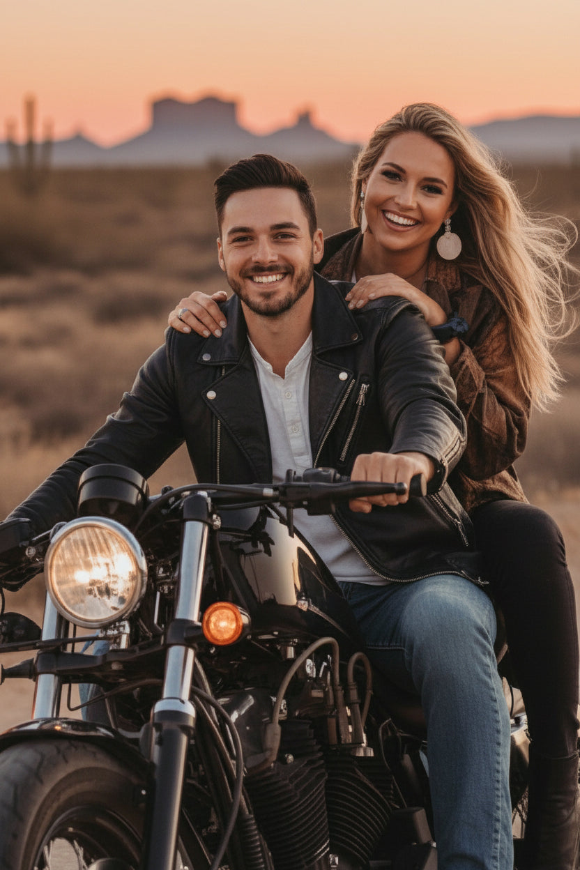 Biker couple personalized portrait custom photo gift, vertical orientation, photo to portrait style
