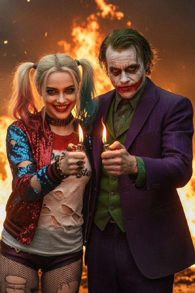 Joker and Harley Quinn inspired custom portrait from photo, vertical couple design with man on the right.
