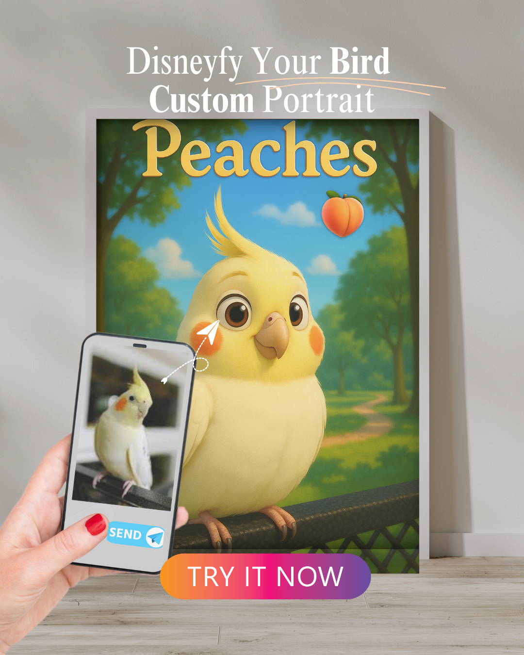“Disneyfied cockatiel digital pet portrait – Peaches”

