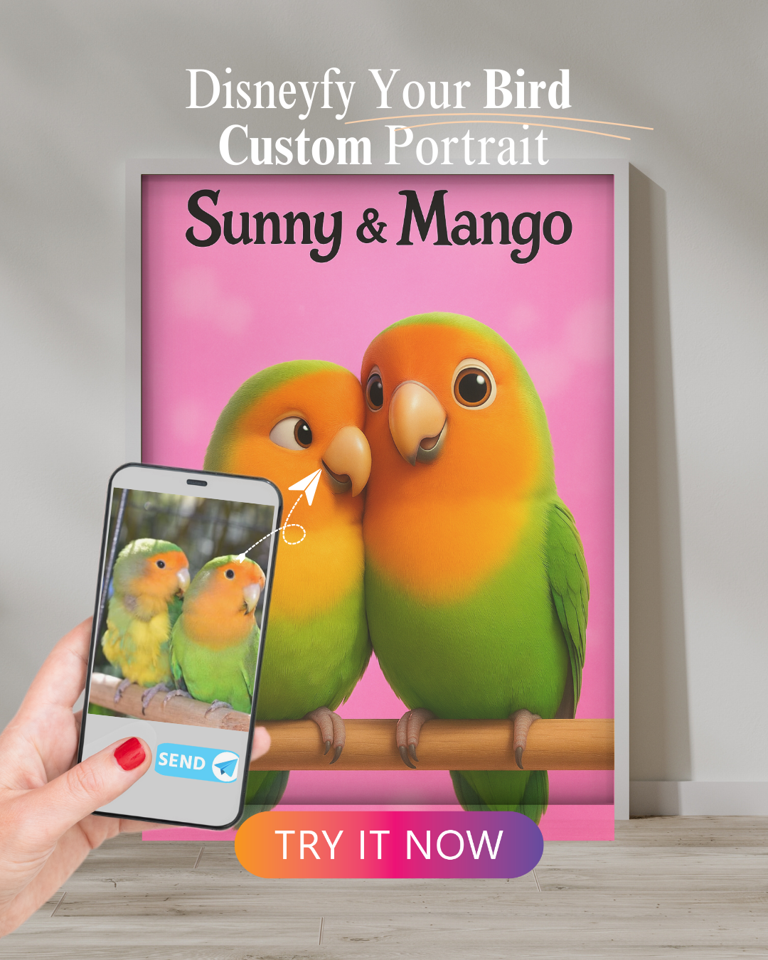 “Cute cartoon parrot couple custom artwork – Sunny & Mango”

