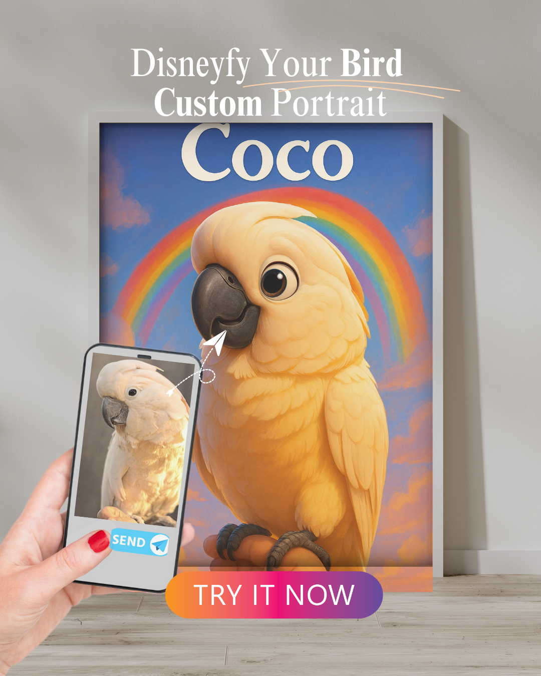 “Colorful parrot cartoon portrait with rainbow – Coco”

