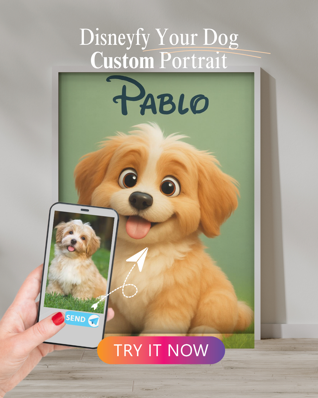 Disney-style digital portrait of a happy fluffy dog named Pablo, sitting on grass with a cartoon smile and big expressive eyes.

