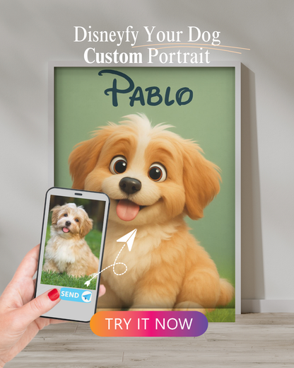 Disney-style digital portrait of a happy fluffy dog named Pablo, sitting on grass with a cartoon smile and big expressive eyes.

