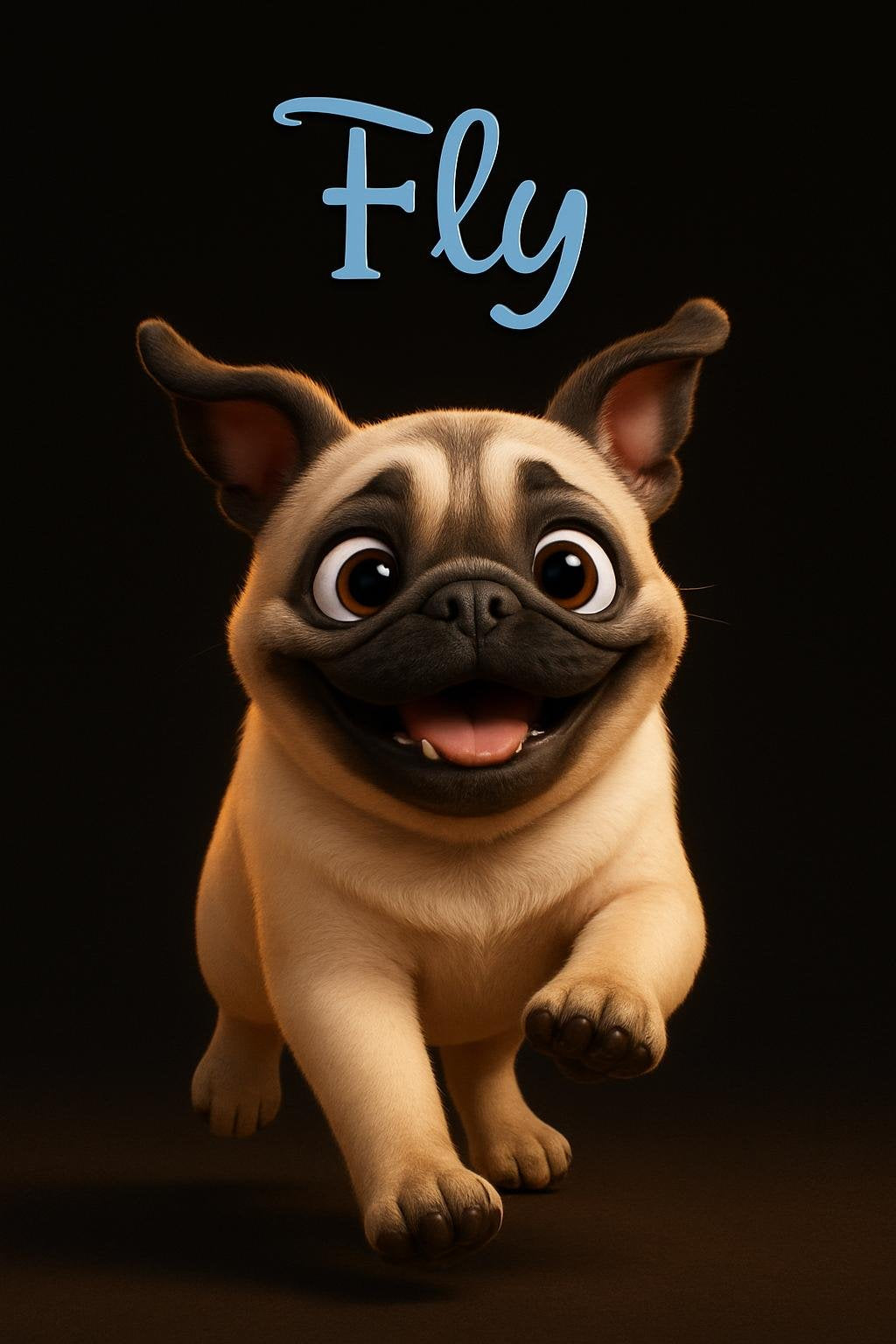 A digital cartoon-style portrait of a happy pug dog named "Fly" running forward with a joyful expression, set against a dark background.








