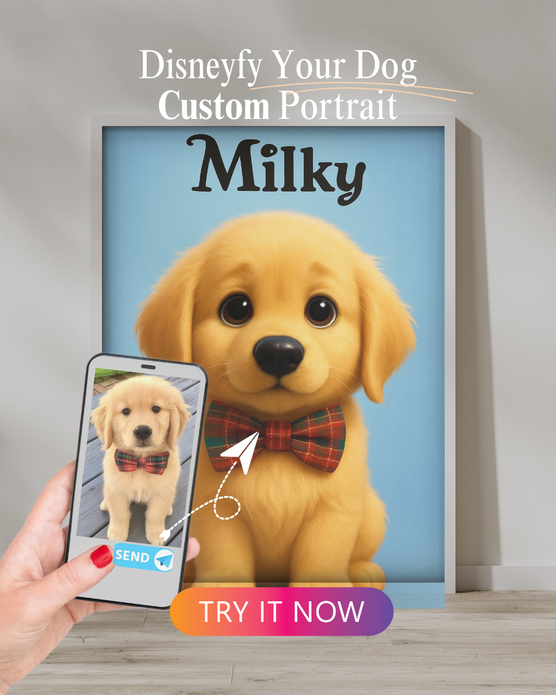 A digital cartoon-style portrait of a golden puppy wearing a red plaid bow tie, sitting on a blue background. The name "Milky" is written above.

