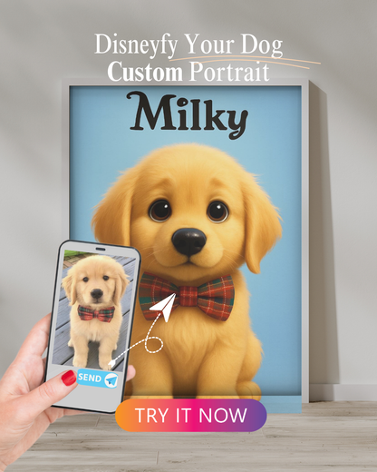 A digital cartoon-style portrait of a golden puppy wearing a red plaid bow tie, sitting on a blue background. The name "Milky" is written above.

