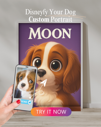 A close-up digital illustration of a brown and white puppy with large expressive eyes on a purple background. The name "Moon" is displayed above.

