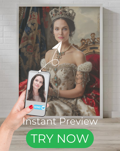 Custom queen portrait, personalized from a photo – Renaissance-style regal artwork, perfect Mother’s Day or birthday gift, available as digital download or print.
