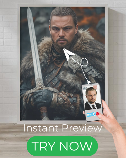 Custom warrior portrait with instant preview, personalized digital artwork from customer photos.
