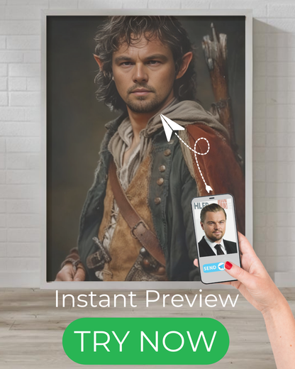 Custom fantasy portrait featuring a Middle-Earth style adventurer, personalized traveler artwork, unique fantasy gift.