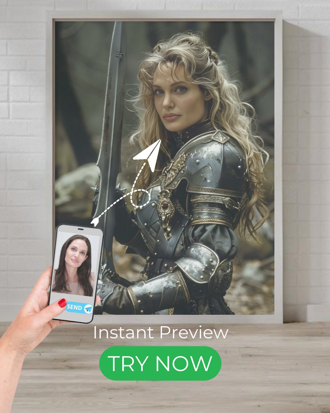 Fierce Warrior custom portrait featuring a powerful female knight in battle armor. Create a personalized digital artwork from your photo with instant preview.