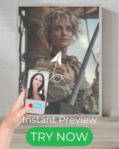 "custom portrait female pirate with curly hair vintage fantasy costume sword ship background"