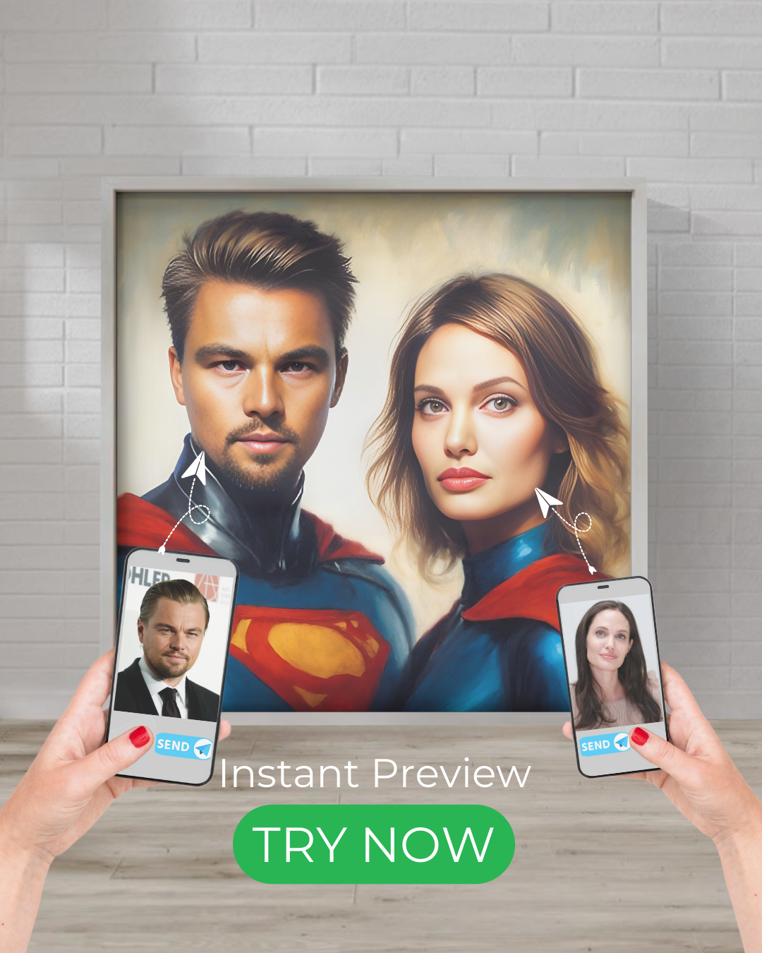 Custom superhero portrait featuring a couple in action, wearing capes and futuristic suits, designed for comic book fans.