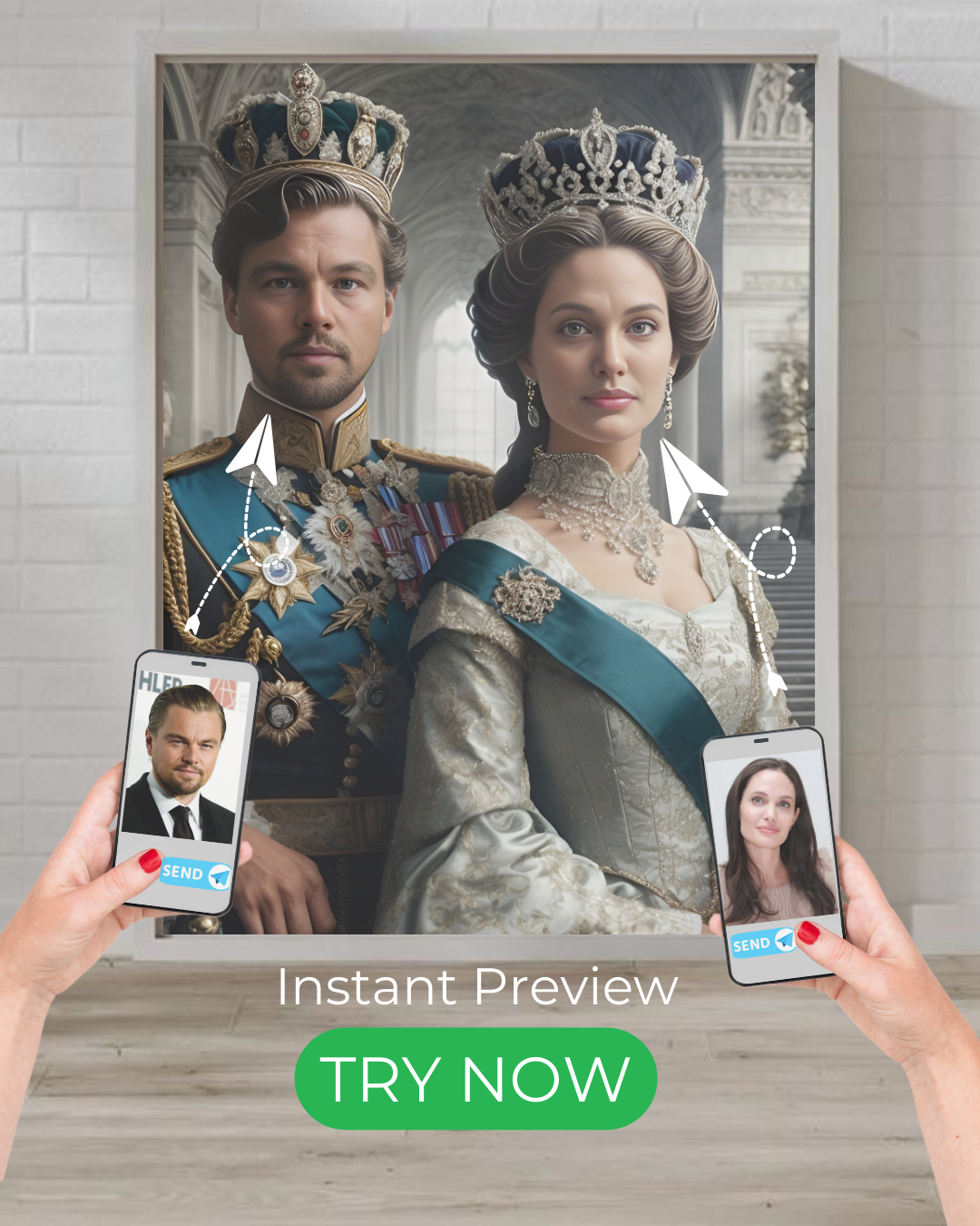 Custom royal portrait from photo, personalized digital artwork in historic and luxury themes. Perfect for unique home decor and thoughtful gifts.