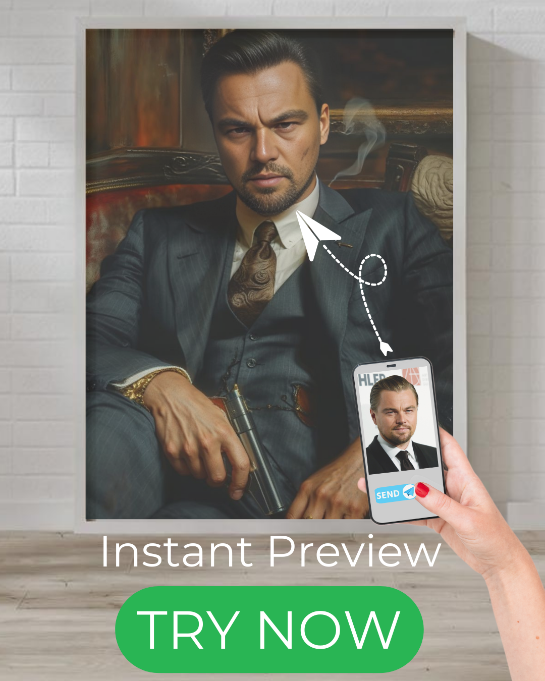 "custom mafia boss portrait in classic white suit holding whiskey glass"
