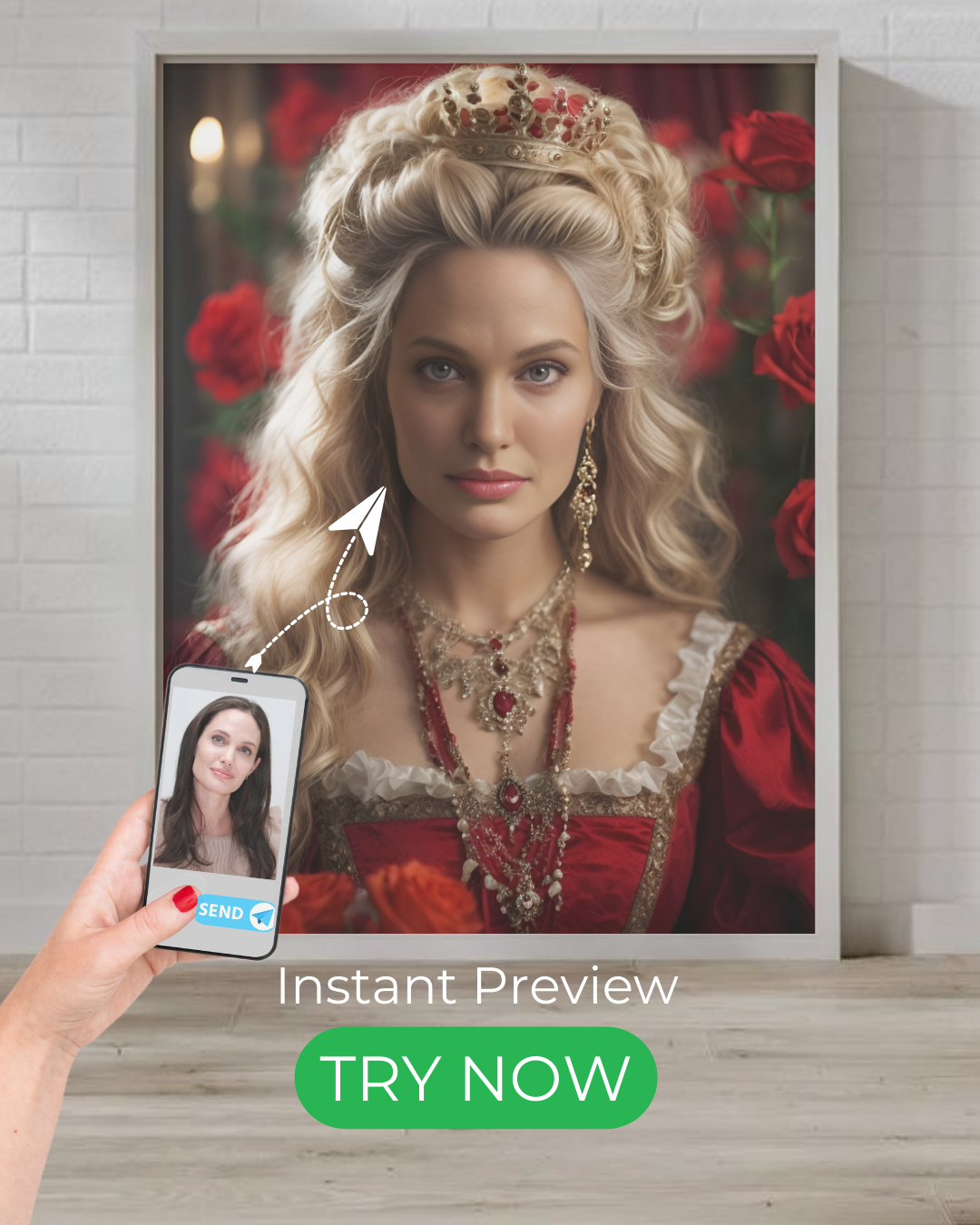 Custom royal portrait of a regal woman in an elegant red gown and ornate gold jewelry, exuding royal beauty and sophistication.