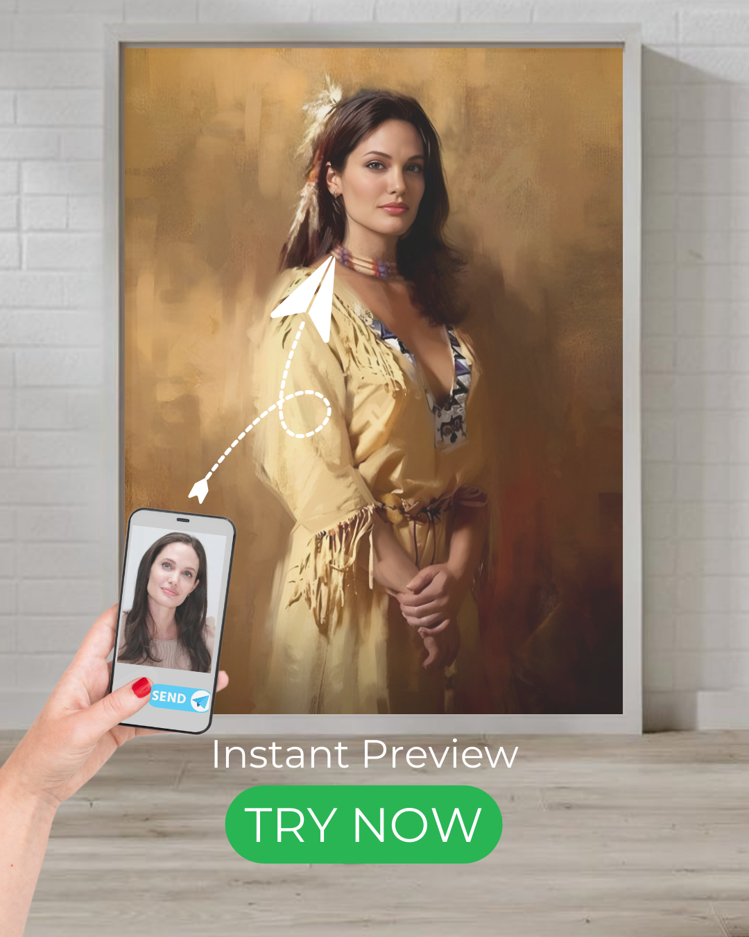 A custom portrait of a woman in Native American attire, reflecting cultural heritage, traditional beauty, and timeless elegance.

