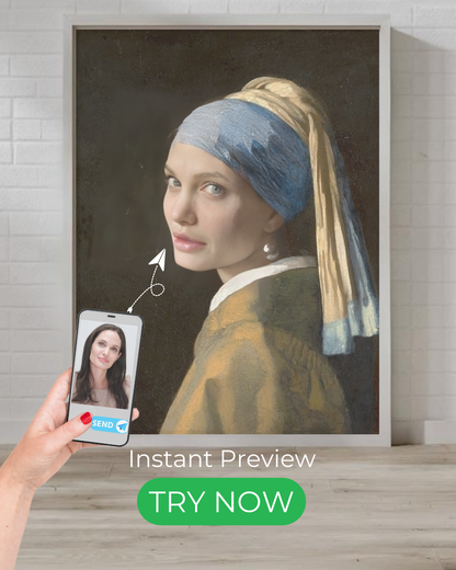 A custom Vermeer-inspired portrait featuring a person styled like "Girl with a Pearl Earring," with a soft background, elegant lighting, and Renaissance charm.

