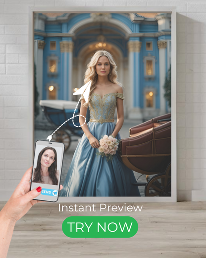 Custom Cinderella portrait featuring a royal fairytale transformation, elegant ball gown, and magical scene based on your photo.