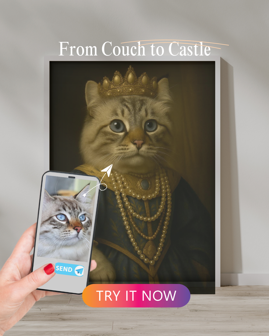 Blue-eyed tabby cat in a royal costume with pearl necklaces and crown, based on a photo sent via smartphone.