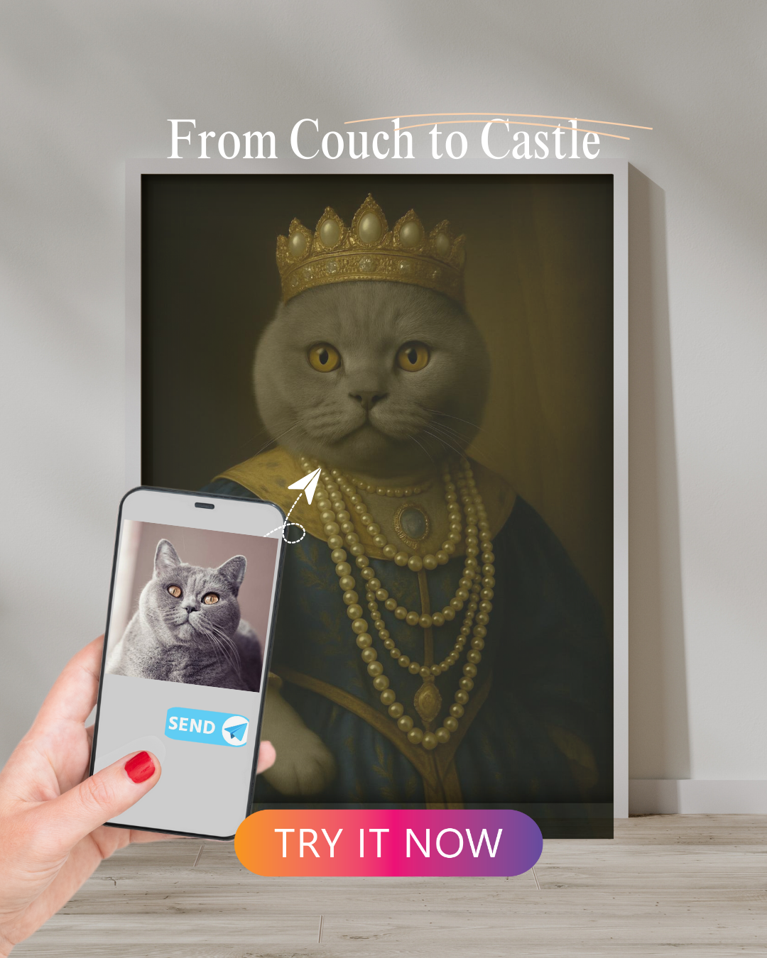 British Shorthair cat in royal blue and gold dress with a crown, created from a phone photo preview.