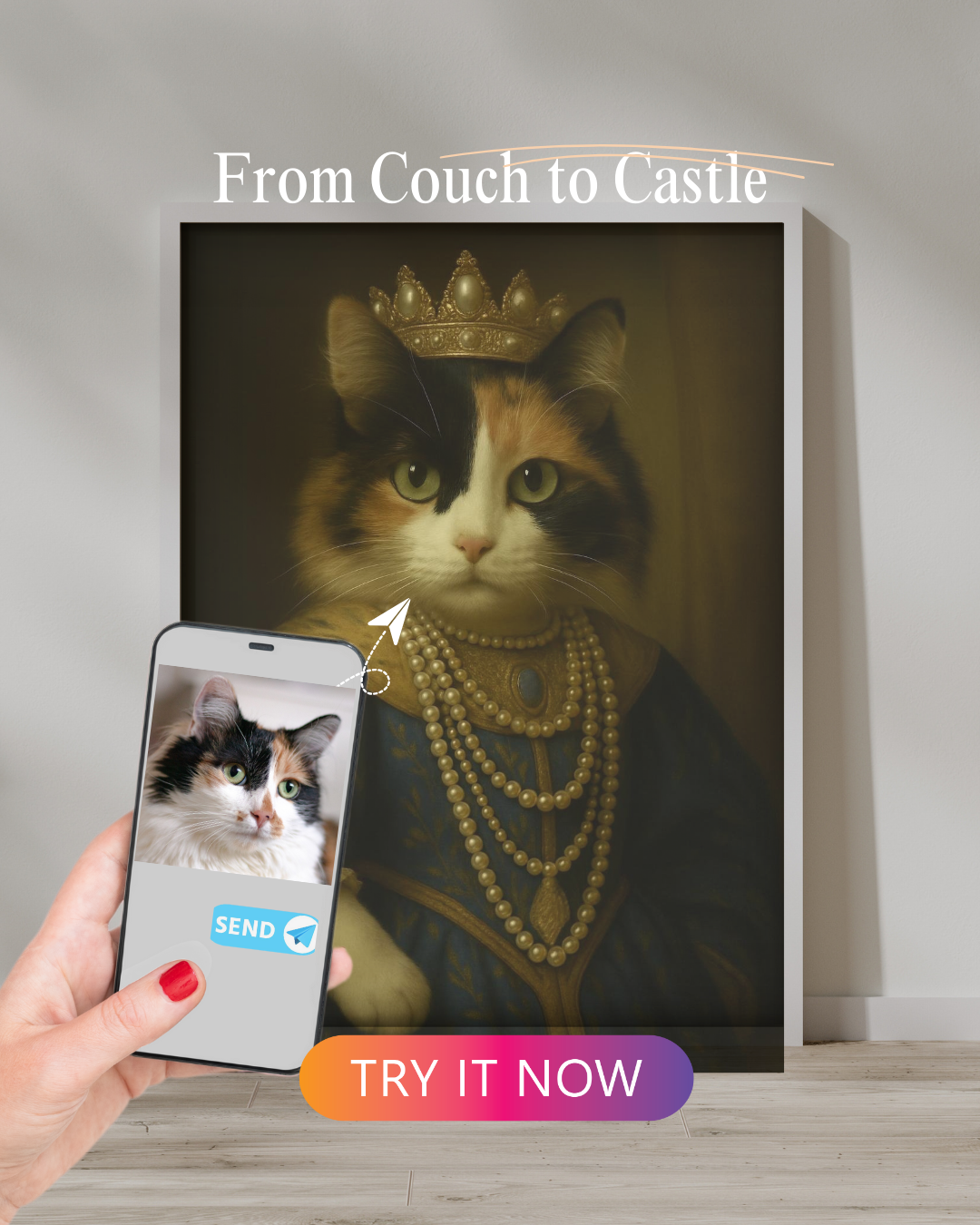Calico cat wearing a golden crown and pearl royal attire, digitally transformed from a mobile photo preview into a classic queen-style portrait.
