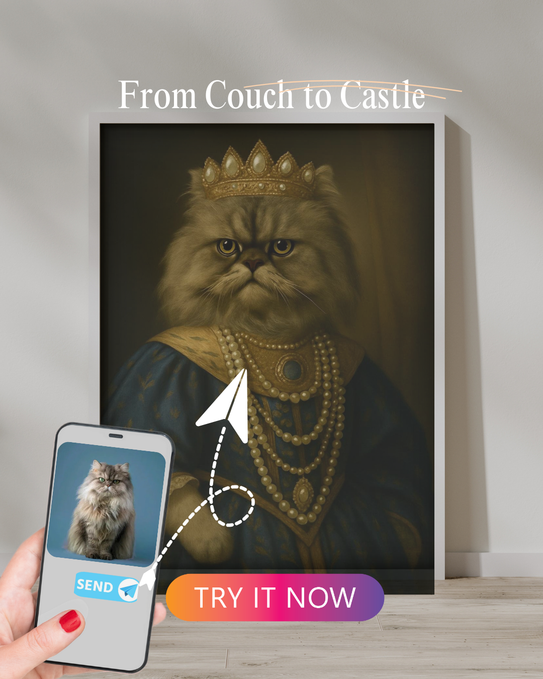 Grumpy long-haired Persian cat with crown and royal attire, matching its uploaded photo on a phone screen.