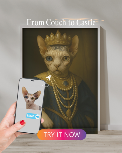 Sphynx cat with heterochromia in a queen costume and crown, turned into a noble portrait from user photo.