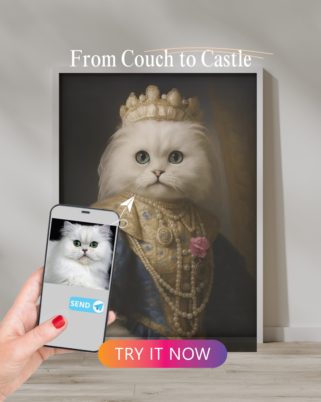 White fluffy cat with emerald eyes in a regal outfit and pearl necklace, recreated from a mobile photo preview.