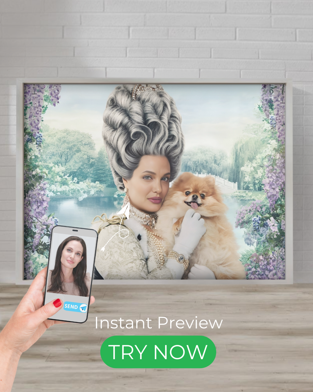 A custom aristocratic portrait featuring a person styled as an 18th-century noble, adorned with luxurious attire, elegant jewelry, and an opulent background.

