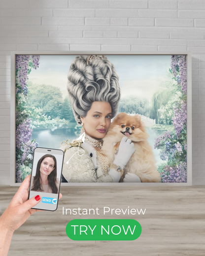 A custom aristocratic portrait featuring a person styled as an 18th-century noble, adorned with luxurious attire, elegant jewelry, and an opulent background.

