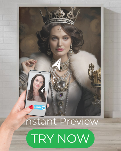 Custom royal portrait of a noble queen in opulent silver attire, luxurious fur, and a jeweled crown – Personalized artwork from your photo.