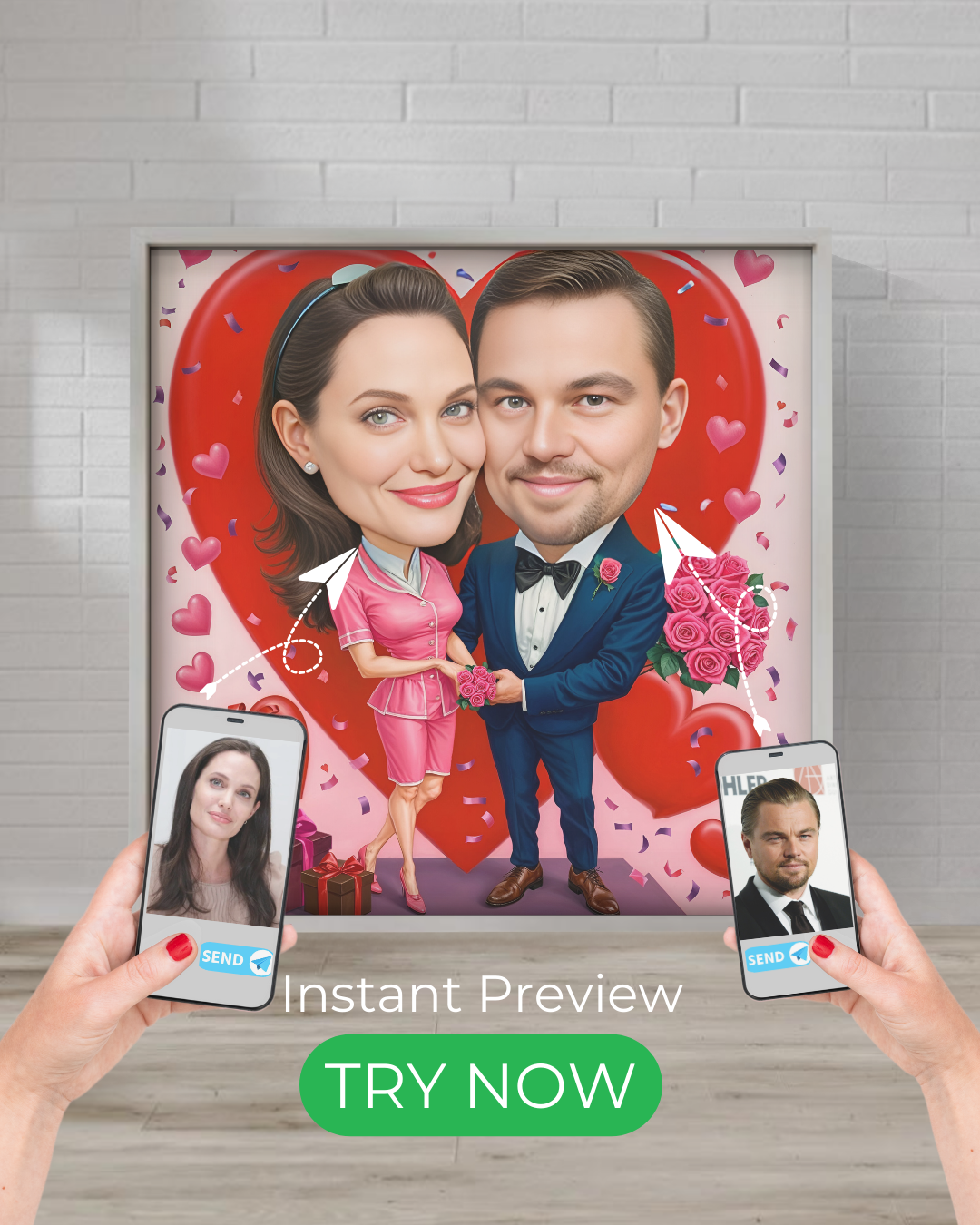 Romantic caricature custom portrait of a couple with a heart background. Turn your favorite photo into a personalized digital artwork with instant preview.