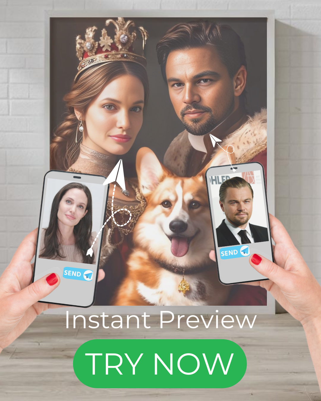 "custom portrait royal couple with pet dog in crown and regal attire"
