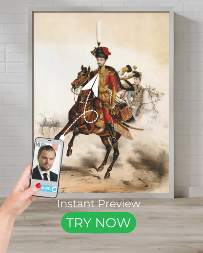 Custom portrait of a gallant hussar on horseback, historical warrior theme, military art, personalized digital painting with classic battlefield aesthetics.