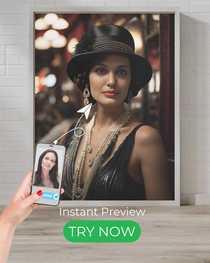 Custom portrait of a glamorous 1920s flapper lady, vintage art deco theme, personalized digital painting with elegant pearls and classic charm.