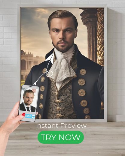 Custom noble portrait from a customer photo, featuring elegant royal attire with instant preview and professional artistic design.