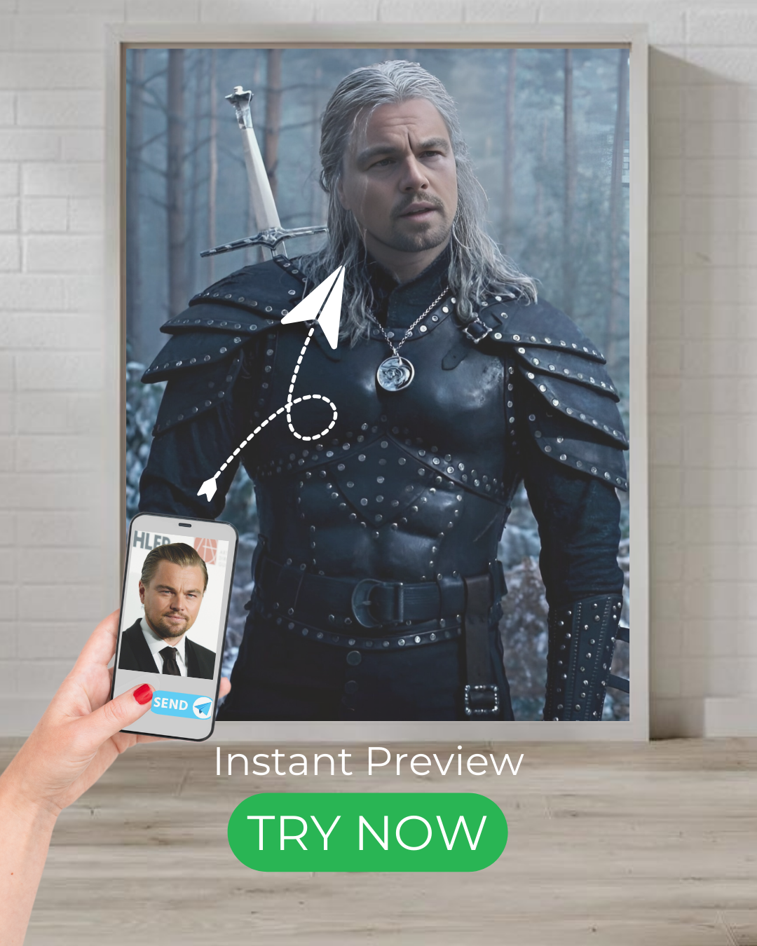 Custom warrior portrait from a customer photo, featuring battle armor, medieval fantasy style, and an instant preview for a heroic transformation