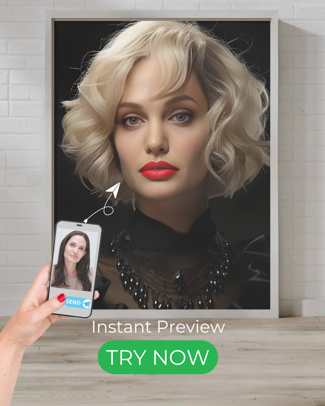 Timeless Elegance custom portrait featuring a vintage-inspired digital painting. Transform your photo into a glamorous masterpiece with instant preview.