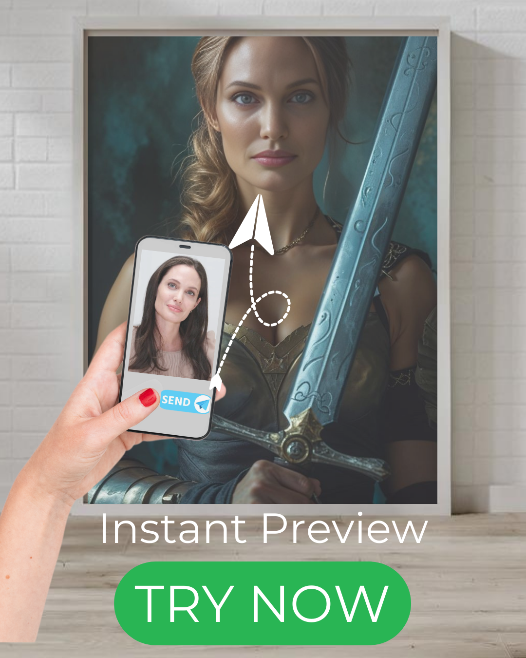 "Custom warrior queen portrait featuring a fierce female knight in armor with a sword and crown – Personalized fantasy artwork from your photo."